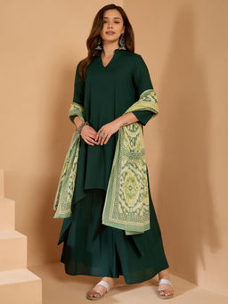 InWeave - Dark Green Mandarin Kurta and Palazzo with Dupatta