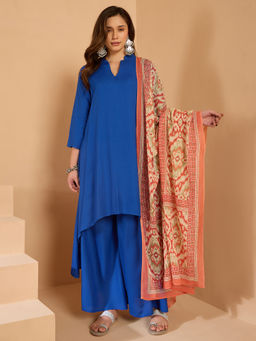 InWeave - Ink Blue Mandarin Kurta and Palazzo with Dupatta