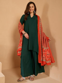 InWeave - Dark Green Mandarin Kurta and Palazzo with Dupatta