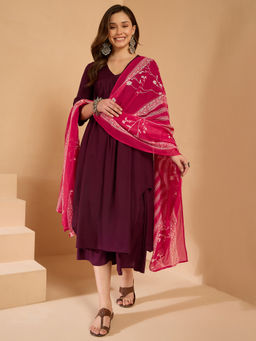 InWeave - Wine V Flared Kurta Kurta and Palazzo with Dupatta