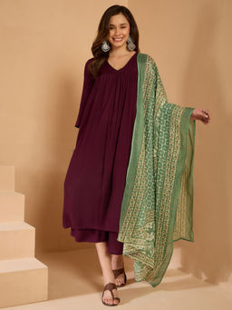 InWeave - Wine V Flared Kurta Kurta and Palazzo with Dupatta