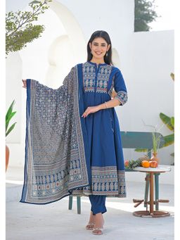 Aravalii - Blue Paisley Printed Cotton Anarkali Kurta with Pant and Dupatta