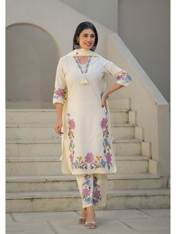 Aravalii - Off-White Embroidered Cotton Kurta with Pant and Dupatta