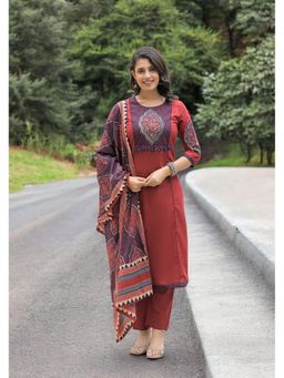 Aravalii - Rust Printed Cotton Kurta with Pant and Dupatta
