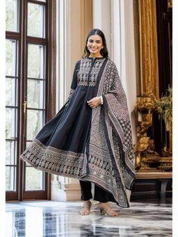 Aravalii - Black Paisley Printed Cotton Anarkali Kurta with Pant and Dupatta