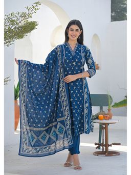 Aravalii - Blue Printed Cotton Kurta with Pant and Dupatta