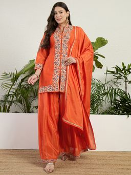 Miss Ethnik - Orange Embroidered Kurta with Palazzo and Dupatta