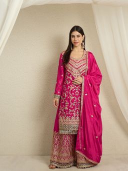 Miss Ethnik - Pink Embroidered Kurta with Palazzo and Dupatta