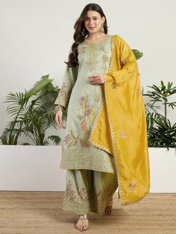 Miss Ethnik - Pista Embroidered Kurta with Palazzo and Dupatta