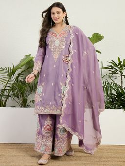 Miss Ethnik - Purple Embroidered Kurta with Palazzo and Dupatta