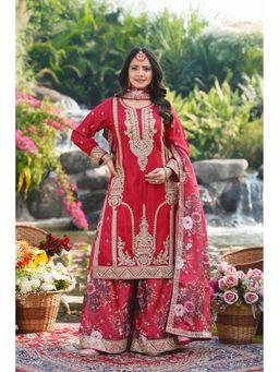 Miss Ethnik - Red Embroidered Kurta with Palazzo and Dupatta