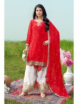 Miss Ethnik - Red Embroidered Kurta with Palazzo and Dupatta