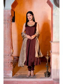 Indy Raaga - Maroon Satin Kurta with Churidar and Dupatta