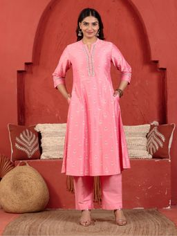 ARAMYA - Poly Chanderi A-Line Gold Foil Print Kurta with Pant