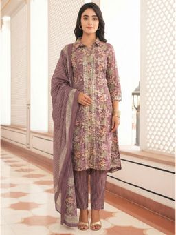 ARAMYA - Soft Cotton High Low Floral Print Kurta with Pant and Dupatta