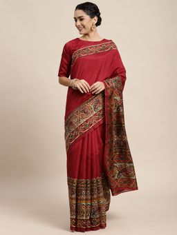 Odette - Bhagalpuri Silk Maroon Printed Saree with Unstitched Blouse