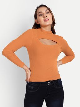 IKI CHIC - Caramel Mock Neck Pullover with Cutout Detailing