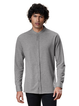 The Souled Store - Solids Mandarin Grey Melange Knit Shirt For Mens