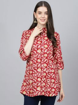Divena - Red Abstract Printed Rayon A-line Shirts Style Top
