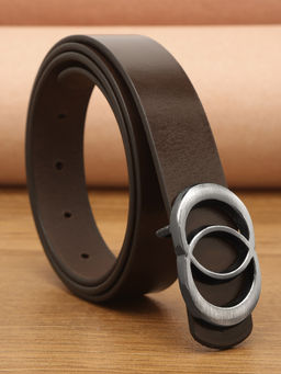 Teakwood - Women Coffee Brown And Silver Tone Solid Genuine Leather Belt