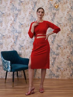AAREIN - Red Three Fourth Sleeves Round Neck Polyester Co-Ord Set