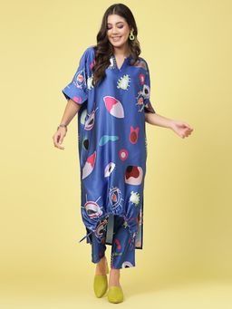 AAREIN - Blue Half Sleeves Mandarin Neck Polyester Co-Ord Set