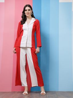 AAREIN - Red Full Sleeves Notched Lapel Neck Polyester Co-Ord Set