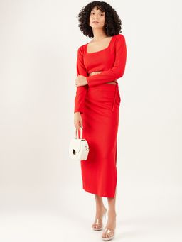 AAREIN - Red Full Sleeves Square Neck Polyester Co-Ord Set