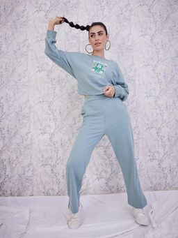 AAREIN - Blue Full Sleeves Boat Neck Polyester Co-Ord Set