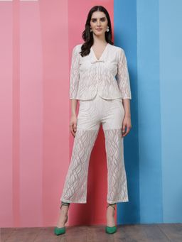AAREIN - White Three Fourth Sleeves V-Neck Polyester Co-Ord Set