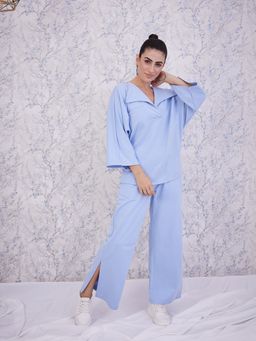 AAREIN - Blue Three Fourth Sleeves V-Neck Polyester Co-Ord Set