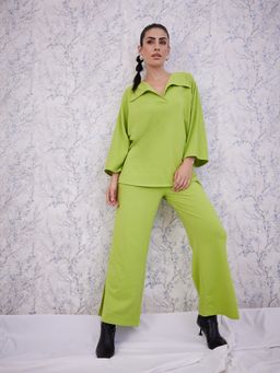 AAREIN - Green Three Fourth Sleeves V-Neck Polyester Co-Ord Set