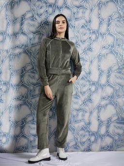 AAREIN - Olive Full Sleeves Mandarin Neck Polyester Co-Ord Set