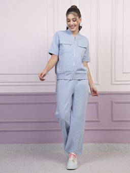 AAREIN - Blue Half Sleeves Mandarin Neck Polyester Co-Ord Set