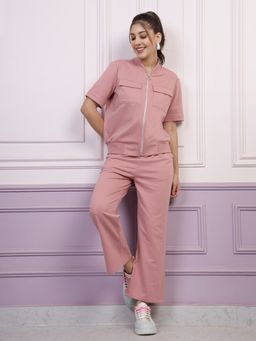 AAREIN - Pink Half Sleeves Mandarin Neck Polyester Co-Ord Set