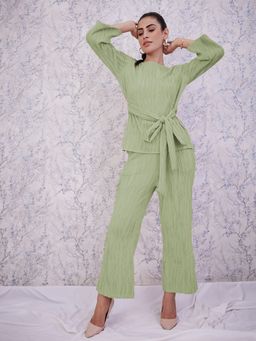 AAREIN - Green Full Sleeves Round Neck Polyester Co-Ord Set