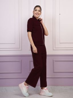 AAREIN - Burgundy Half Sleeves High Neck Polyester Co-Ord Set