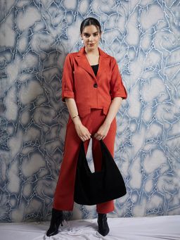 AAREIN - Rust Three Fourth Sleeves Notched Lapel Neck Suede Co-Ord Set