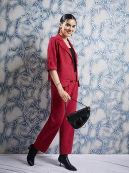 AAREIN - Maroon Three Fourth Sleeves Notched Lapel Neck Suede Co-Ord Set