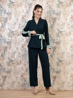 AAREIN - Green Full Sleeves Shawl Lapel Neck Polyester Co-Ord Set