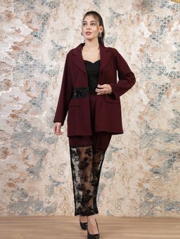 AAREIN - Maroon Full Sleeves Notched Lapel Neck Polyester Co-Ord Set