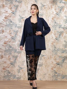 AAREIN - Navy Blue Full Sleeves Notched Lapel Neck Polyester Co-Ord Set