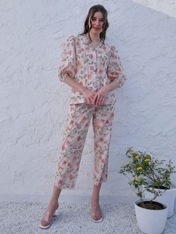 AAREIN - Peach Three Fourth Sleeves V-Neck Viscose Rayon Co-Ord Set