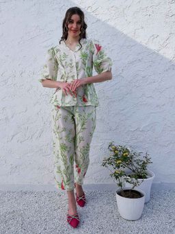 AAREIN - Green Three Fourth Sleeves V-Neck Viscose Rayon Co-Ord Set