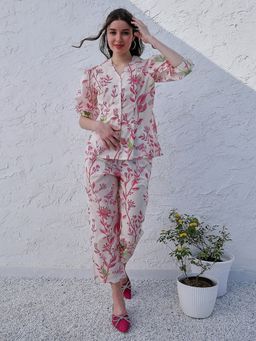 AAREIN - Pink Three Fourth Sleeves V-Neck Viscose Rayon Co-Ord Set