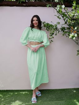 AAREIN - Green Three Fourth Sleeves Off Shoulder Neck Polyester Co-Ord Set
