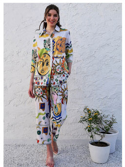 AAREIN - White Three Fourth Sleeves Collar Neck Linen Co-Ord Set