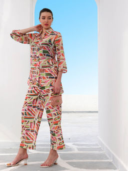 AAREIN - Orange Three Fourth Sleeves Collar Neck Poly Georgette Co-Ord Set