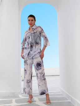 AAREIN - White Three Fourth Sleeves Collar Neck Poly Georgette Co-Ord Set