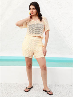 AAREIN - Cream Half Sleeves V-Neck Nylon Co-Ord Set